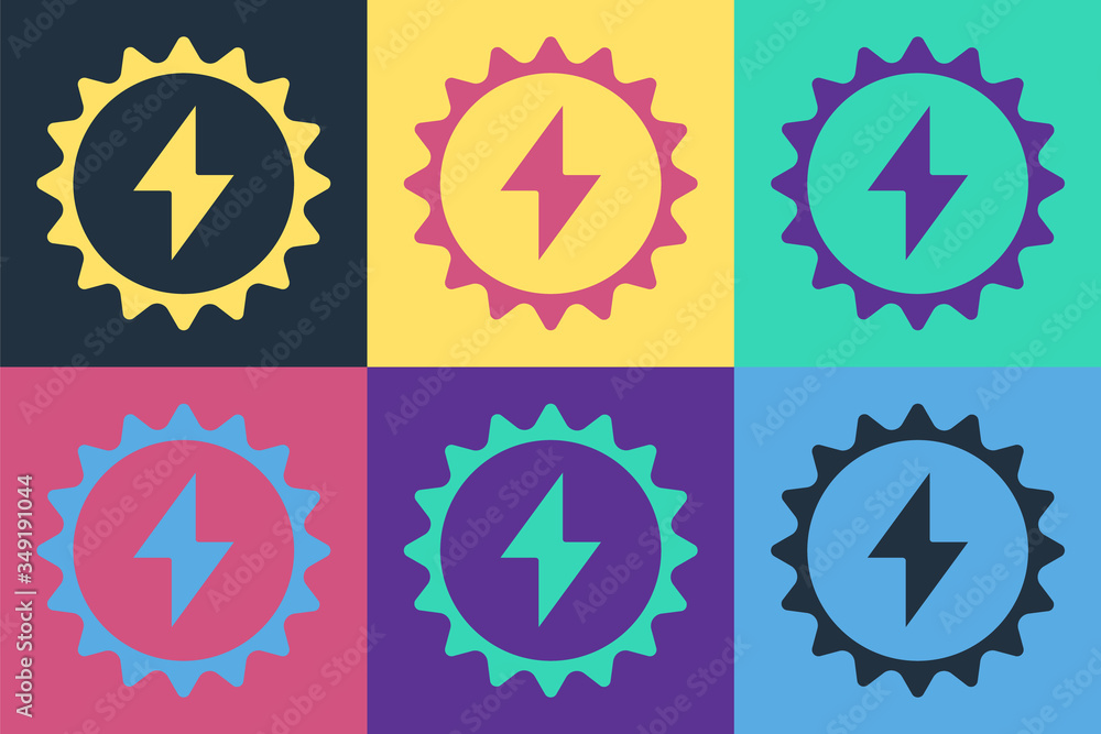 Pop art Solar energy panel icon isolated on color background. Sun with lightning symbol. Vector