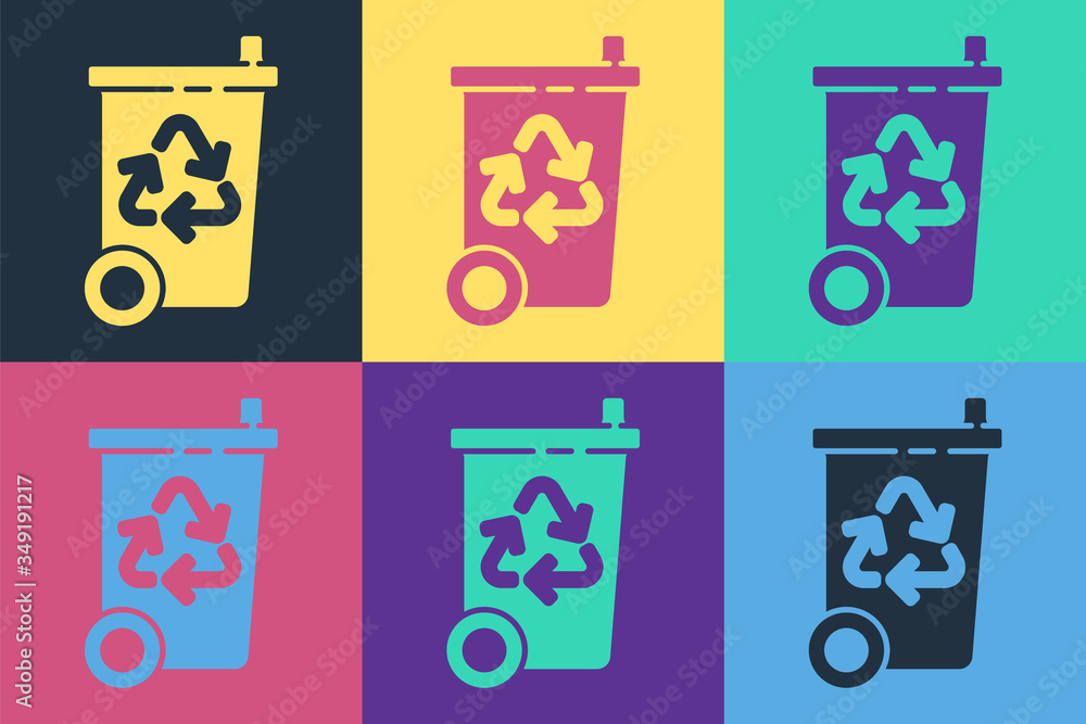 Pop art Recycle bin with recycle symbol icon isolated on color background. Trash can icon. Garbage b