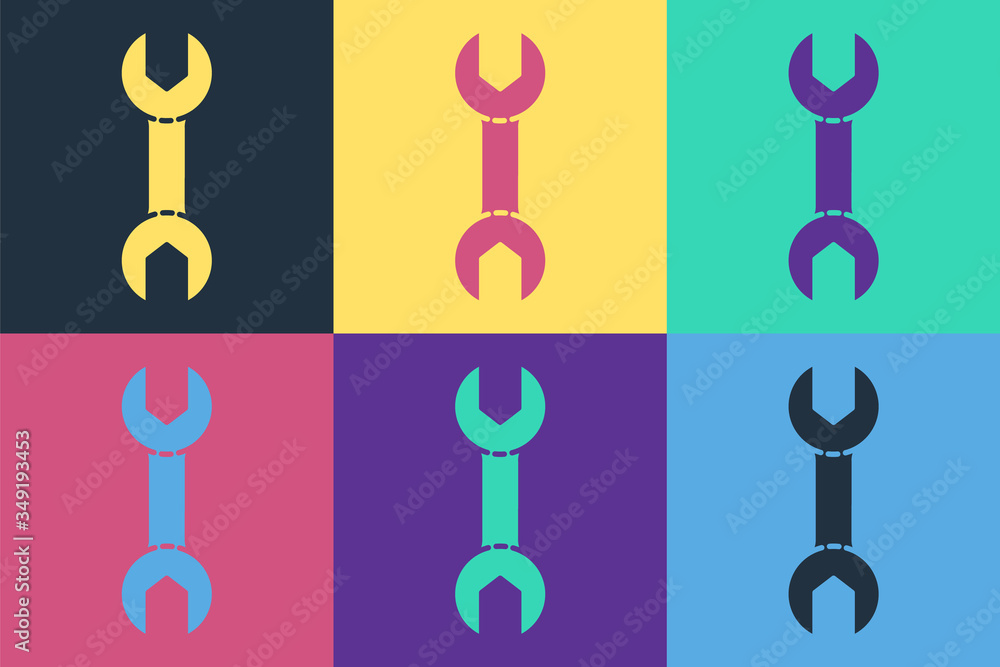 Pop art Wrench spanner icon isolated on color background. Vector