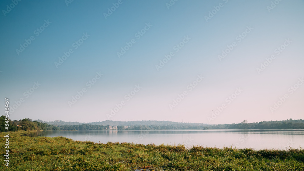 Carambolim, Corlim, Goa, India. Carambolim Lake In Sunny Morning. Summer Landscape