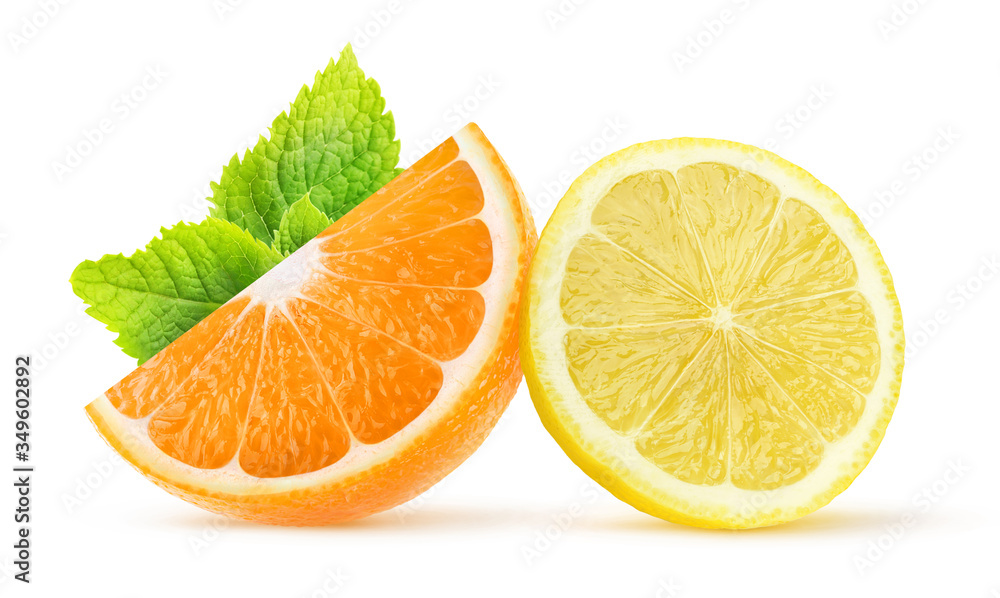 Isolated citrus pieces. Two slices of orange fruit and lemon isolated on white background with mint 