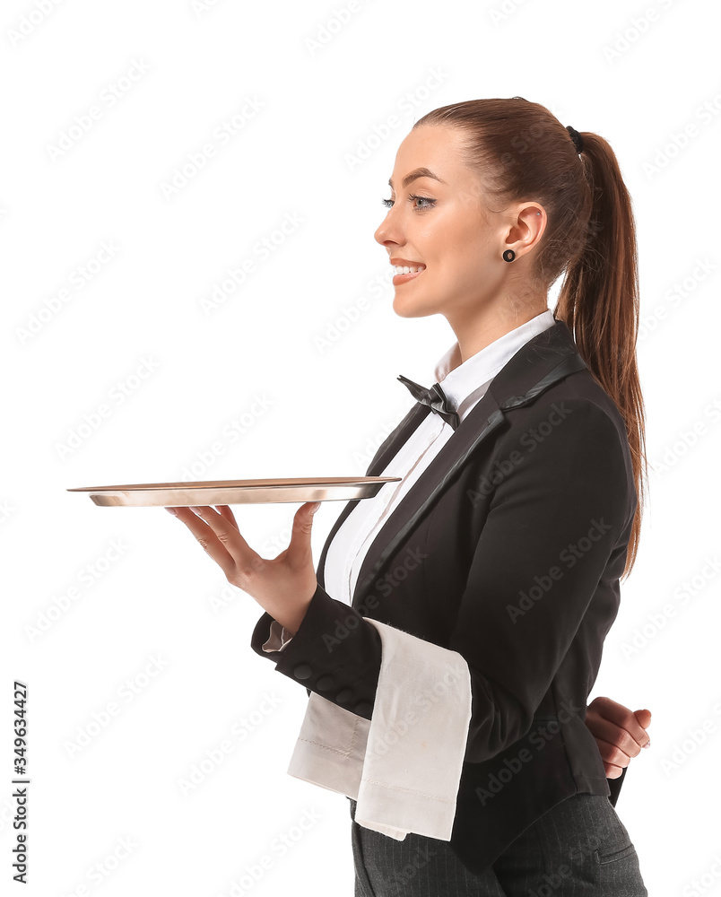 Beautiful female waiter on white background