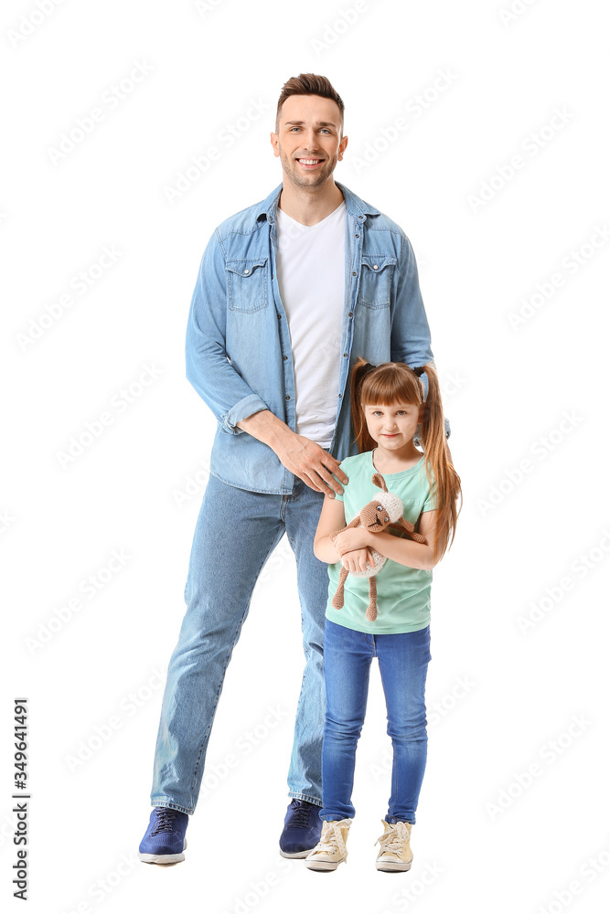 Happy man with little adopted girl on white background