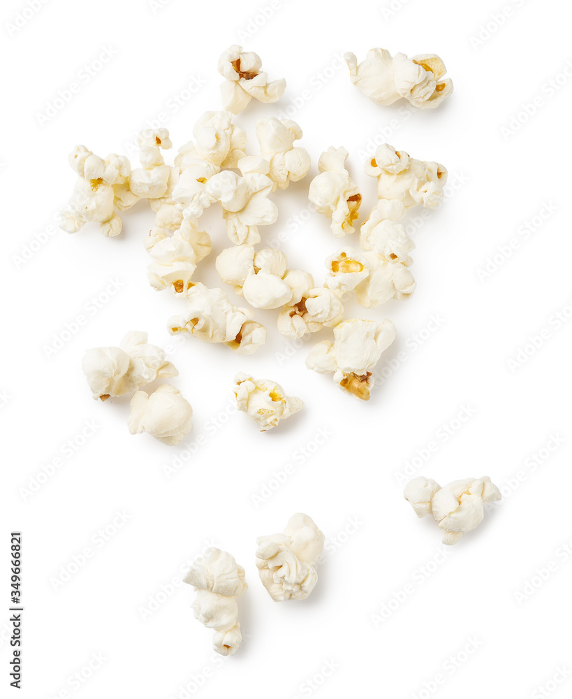 Heap of salted popcorn, isolated on white background. Top view.