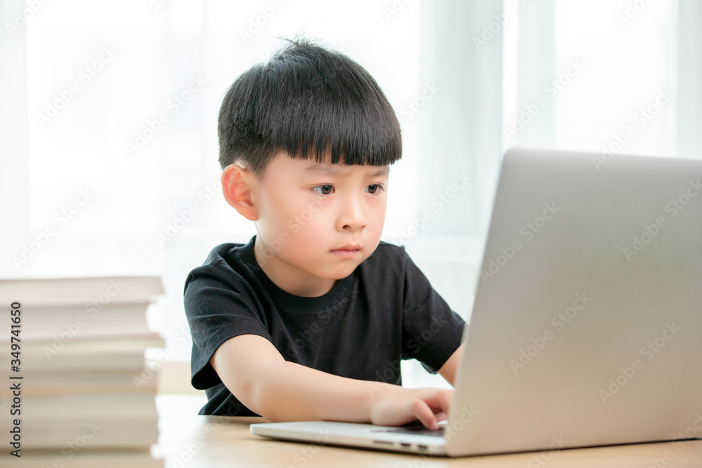 Asian little boy doing online class
