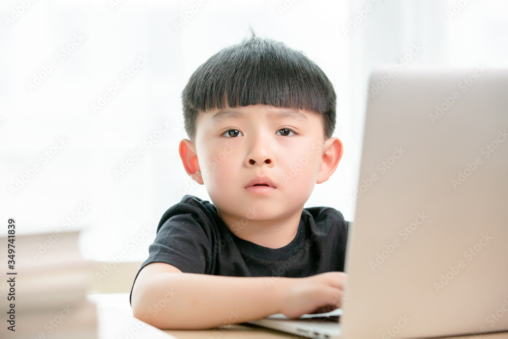 Asian little boy doing online class
