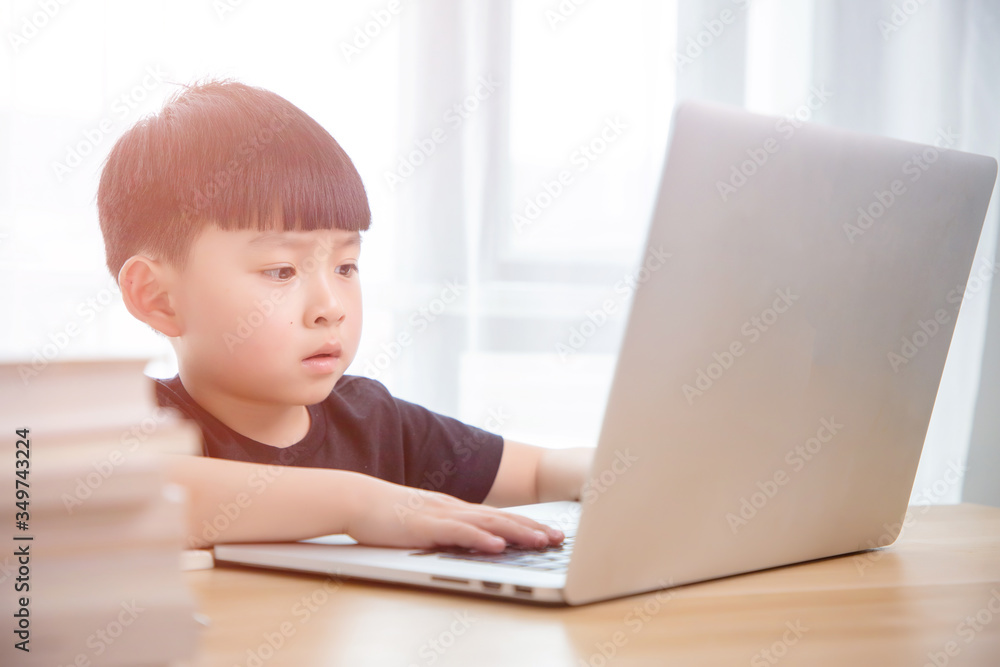 Asian little boy doing online class
