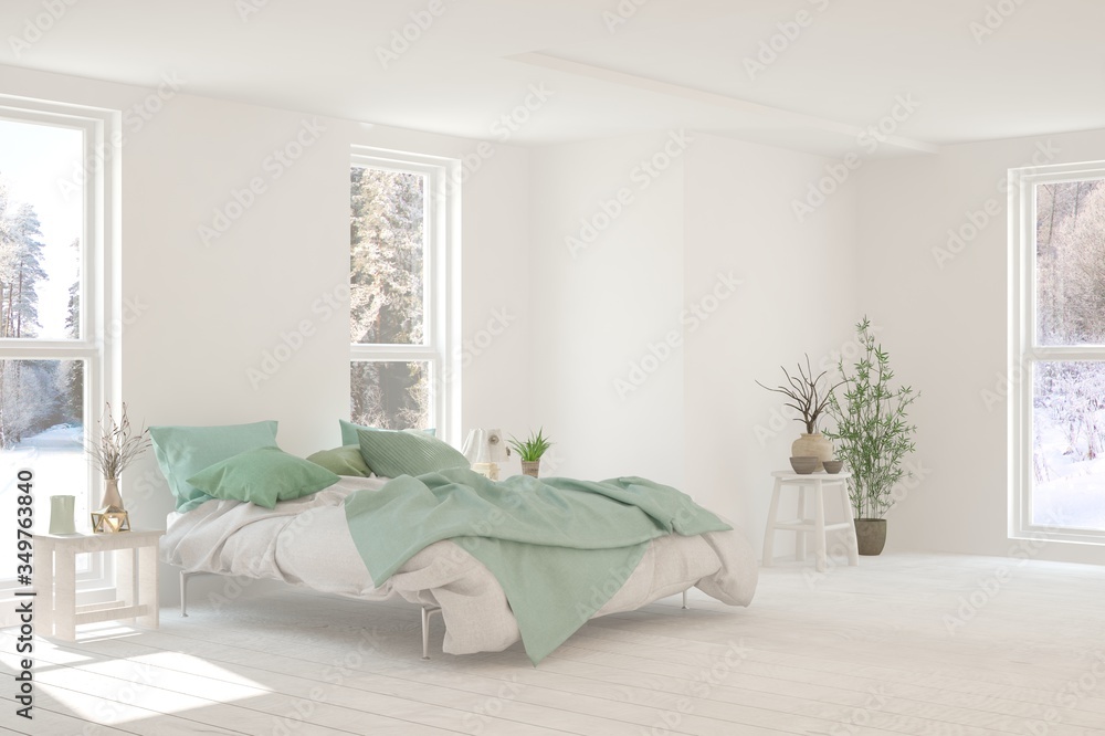 White bedroom interior. Scandinavian design. 3D illustration