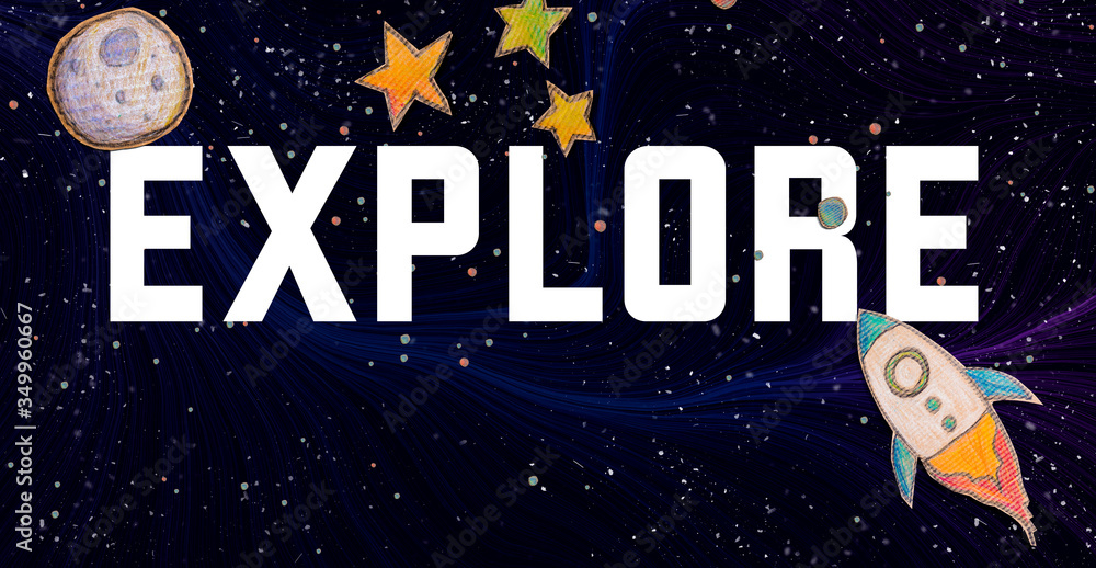 Explore theme with space background with a rocket, moon, and stars