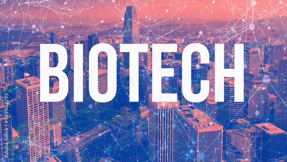 具有抽象网络模式和旧金山市中心摩天大楼的生物技术主题