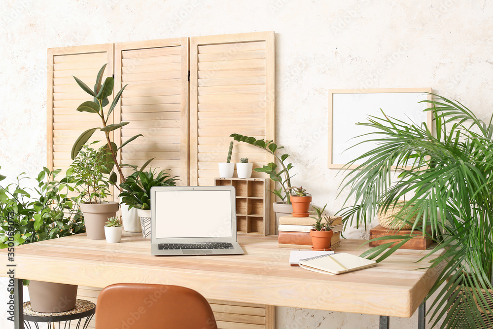 Comfortable workplace with modern laptop and green houseplants