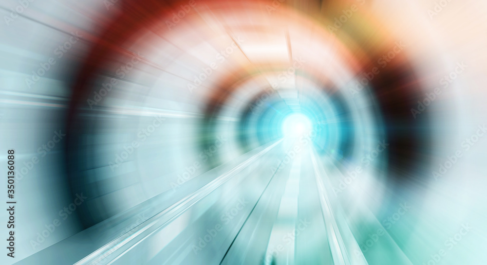 Abstract zoom effectin a bright tunnel background with traffic lights