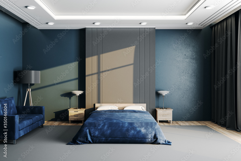 Modern bedroom with blue cover and blank wall.