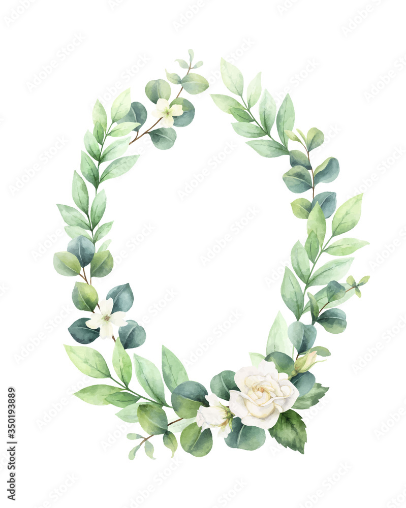 Watercolor vector hand painted wreath with green eucalyptus leaves and roses.