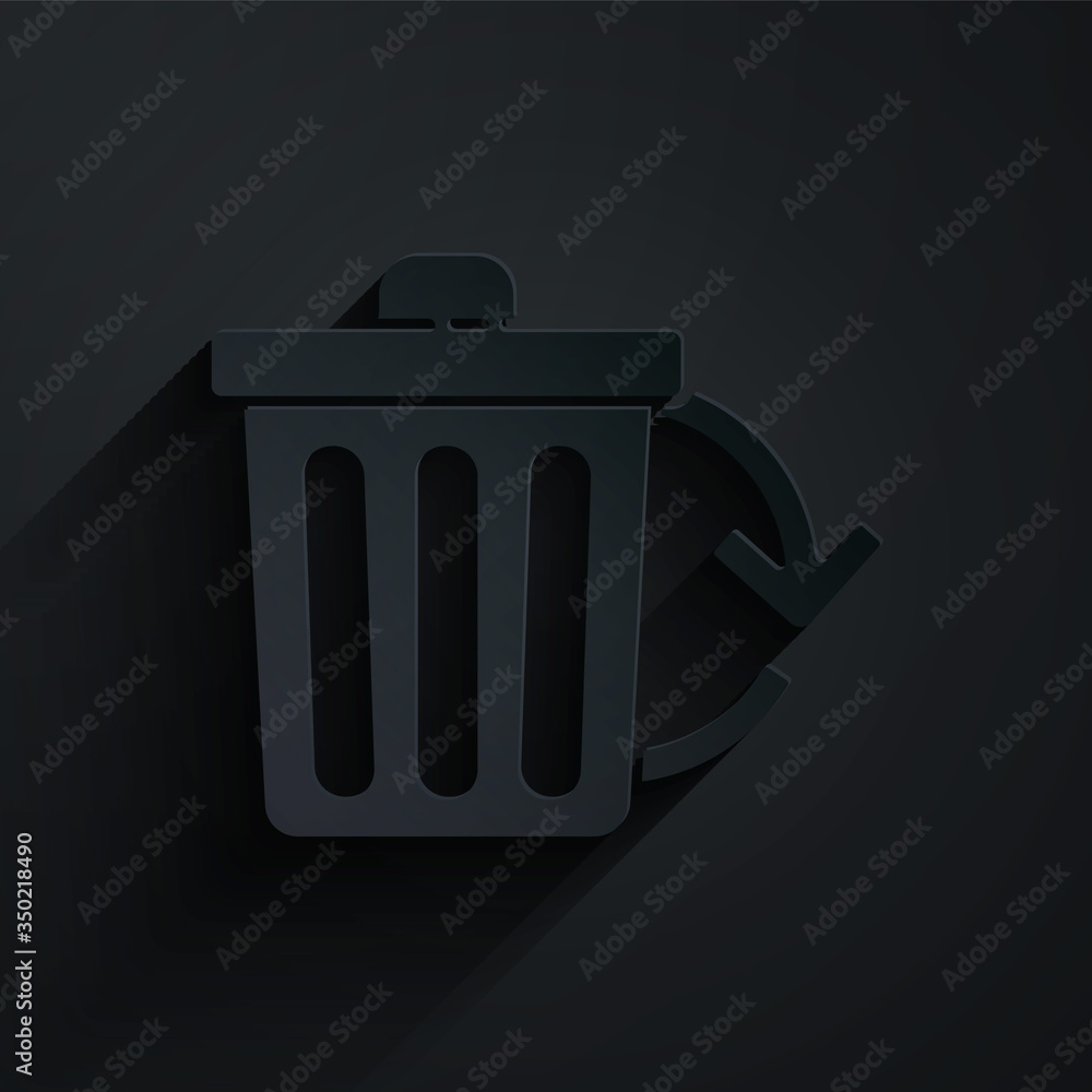 Paper cut Recycle bin with recycle symbol icon isolated on black background. Trash can icon. Garbage