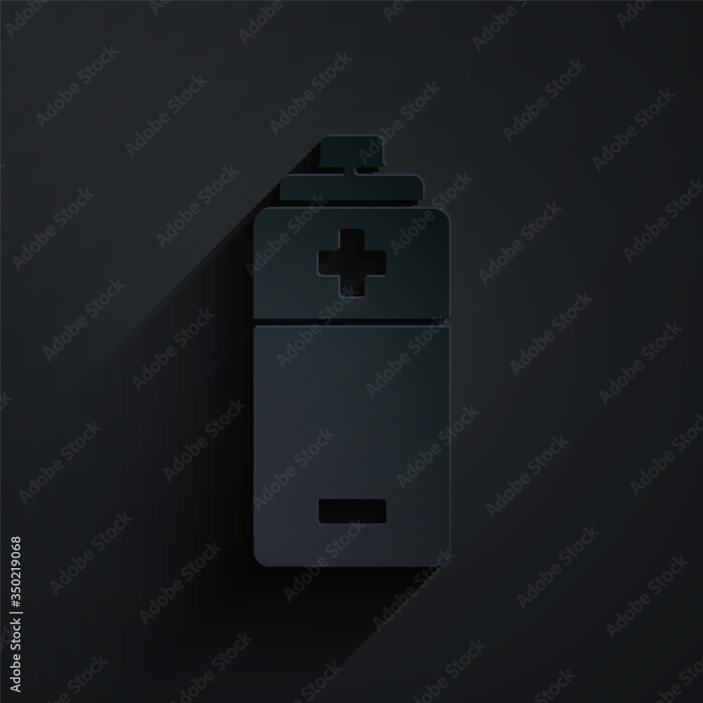 Paper cut Battery icon isolated on black background. Lightning bolt symbol. Paper art style. Vector 