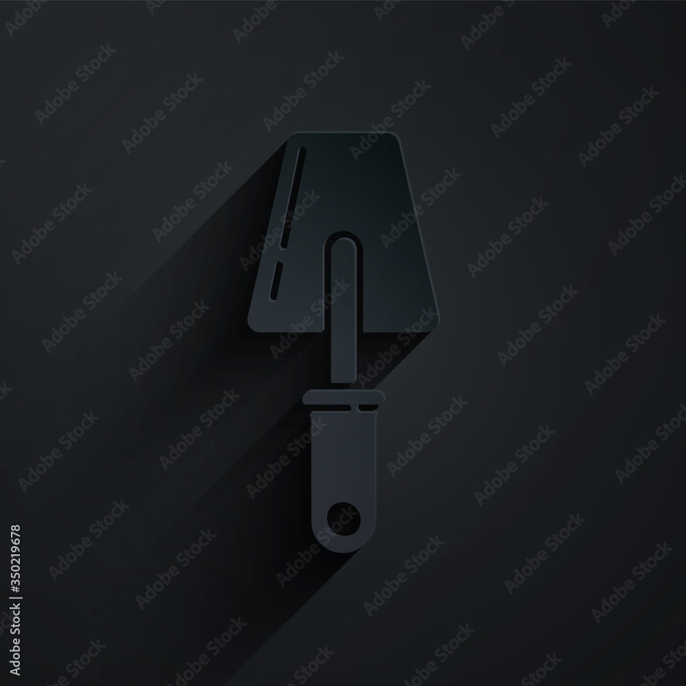 Paper cut Trowel icon isolated on black background. Paper art style. Vector Illustration