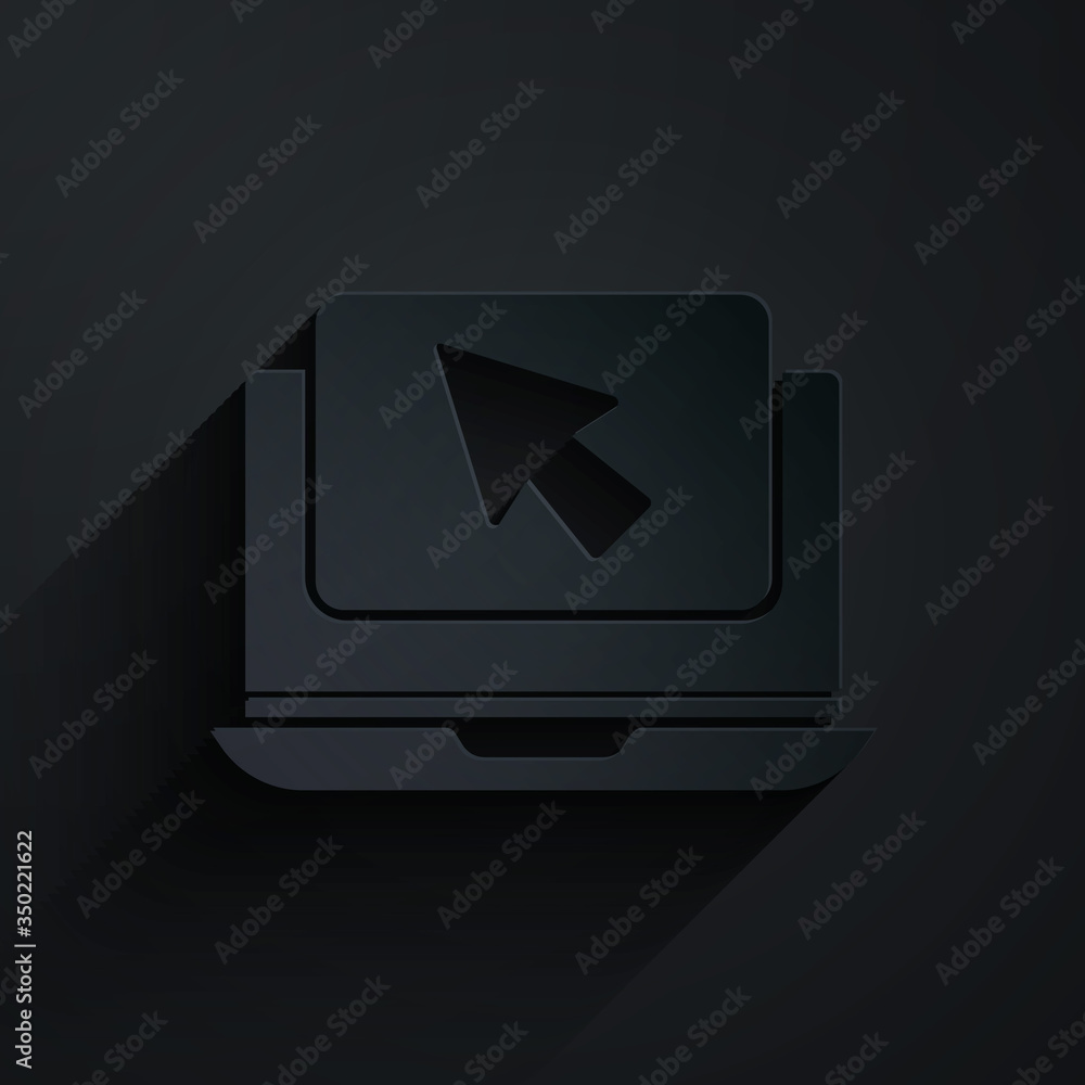 Paper cut Laptop and cursor icon isolated on black background. Computer notebook with empty screen s