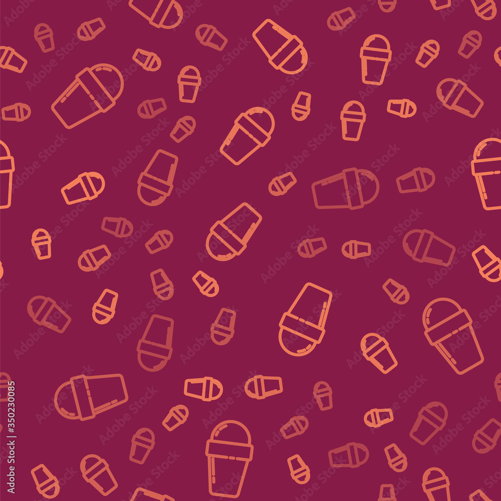 Brown line Ice cream in waffle cone icon isolated seamless pattern on red background. Sweet symbol. 