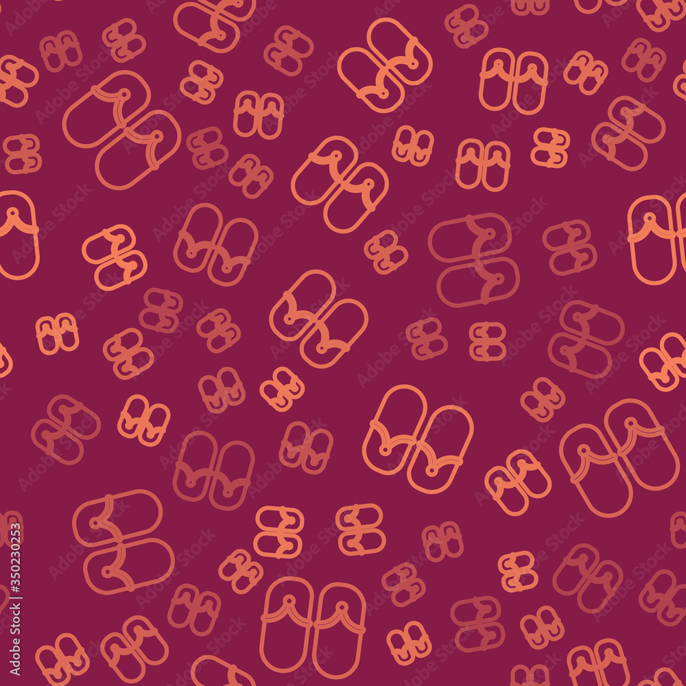 Brown line Flip flops icon isolated seamless pattern on red background. Beach slippers sign. Vector 