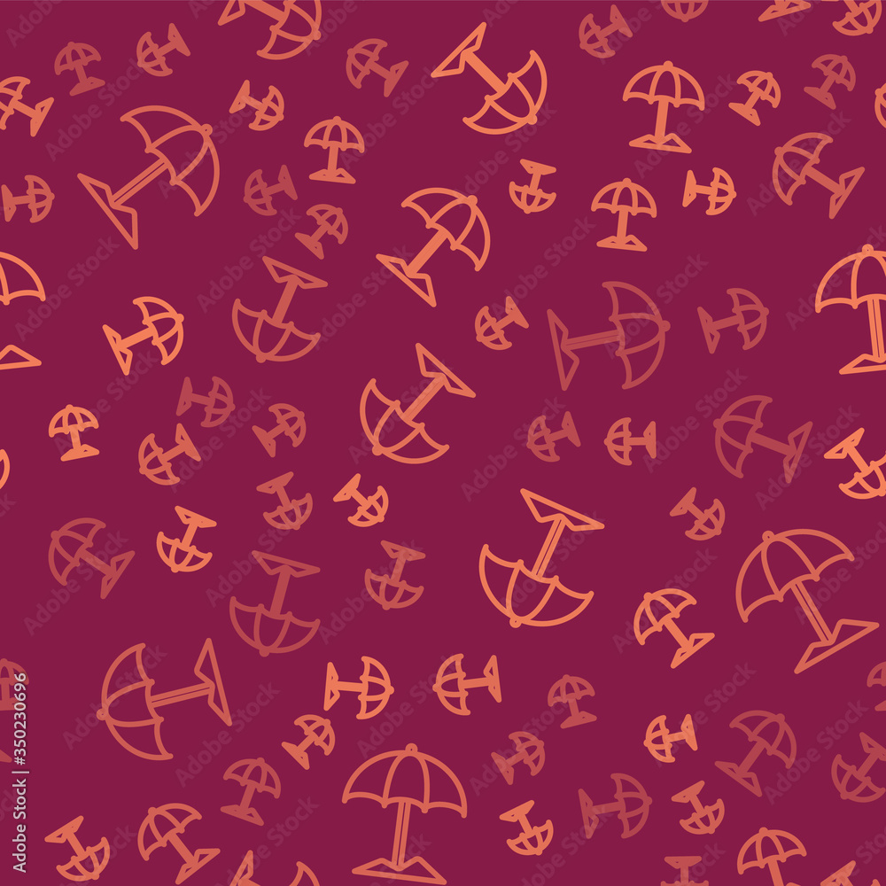 Brown line Sun protective umbrella for beach icon isolated seamless pattern on red background. Large