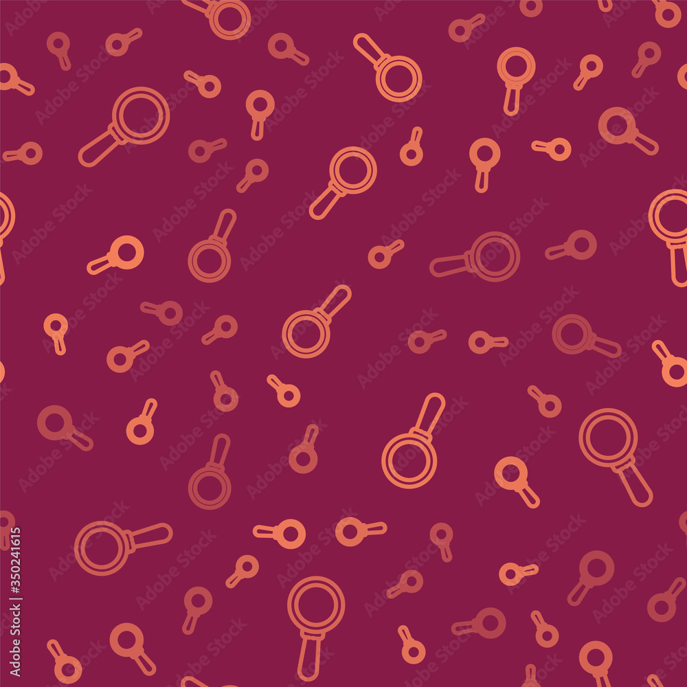 Brown line Magnifying glass icon isolated seamless pattern on red background. Search, focus, zoom, b