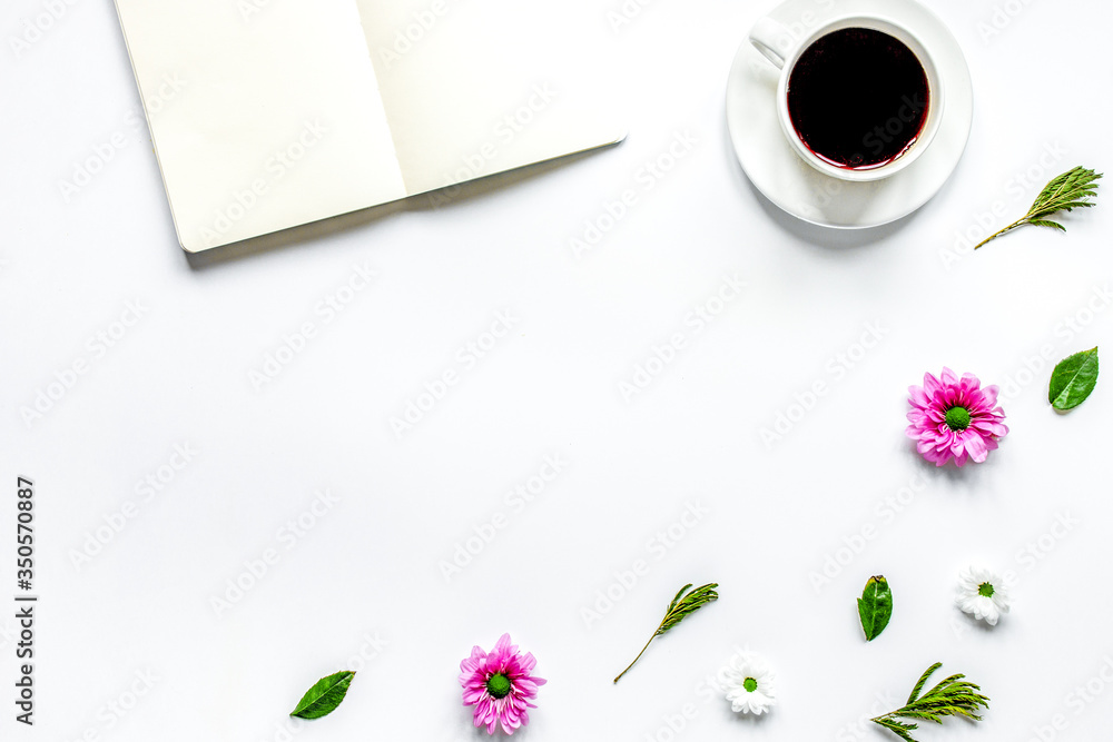 Flat lay with coffee and copybook top view mock up