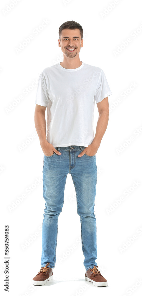 Man in stylish t-shirt on white background