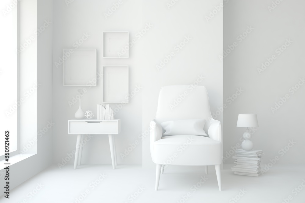 White minimalist living room with armchair. Scandinavian interior design. 3D illustration