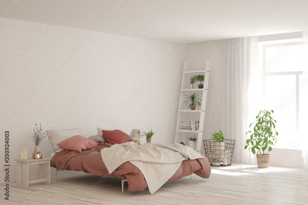 White bedroom interior. Scandinavian design. 3D illustration