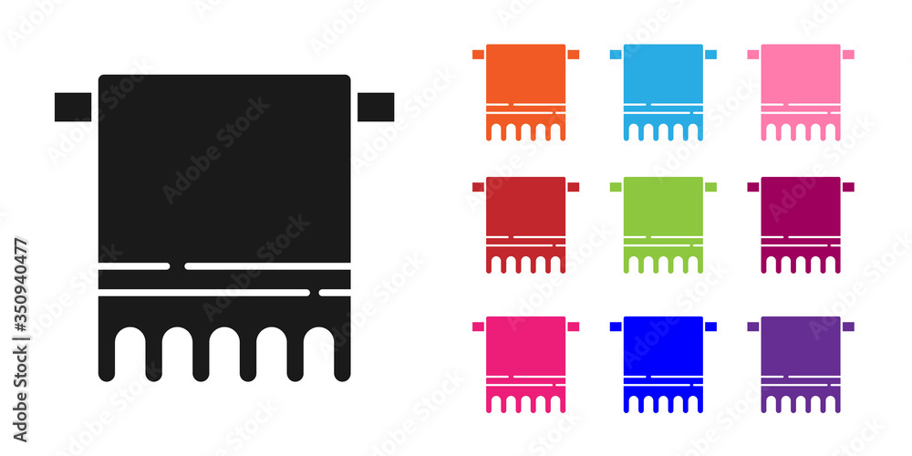 挂在衣架上的黑色毛巾图标在白色背景上隔离。浴室毛巾图标。将图标设置为彩色