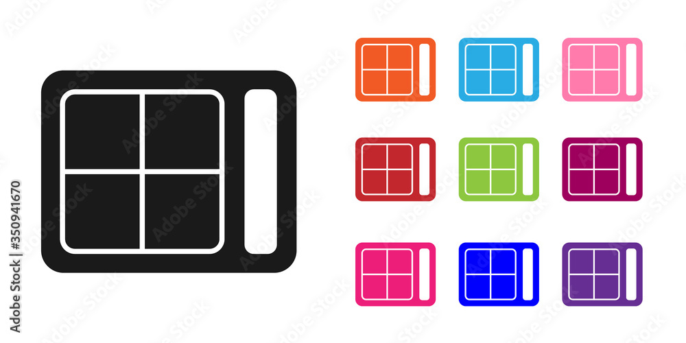 Black Eye shadow palette with brush icon isolated on white background. Set icons colorful