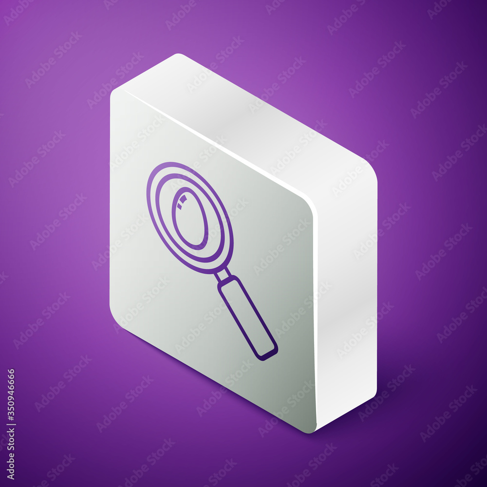 Isometric line Search and easter egg icon isolated on purple background. Happy Easter. Silver square