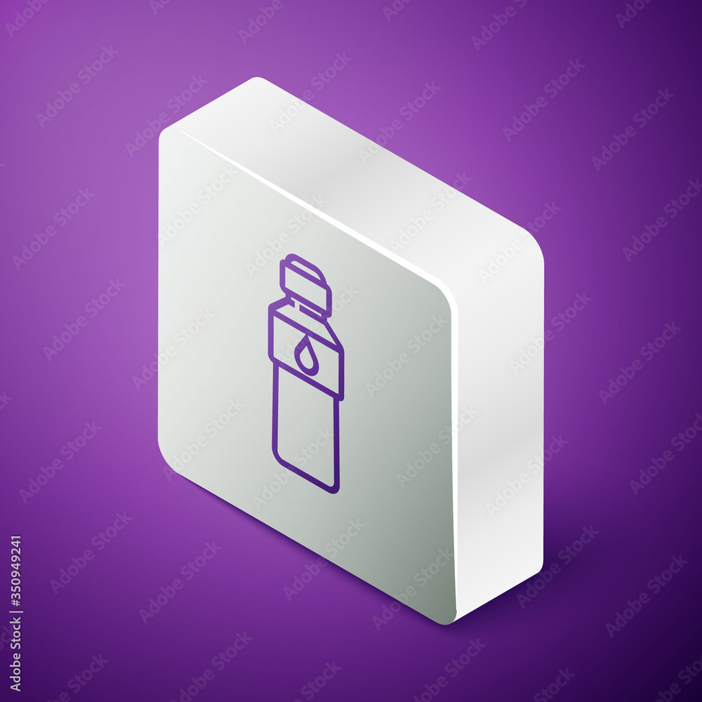 Isometric line Bottle of water icon isolated on purple background. Soda aqua drink sign. Silver squa