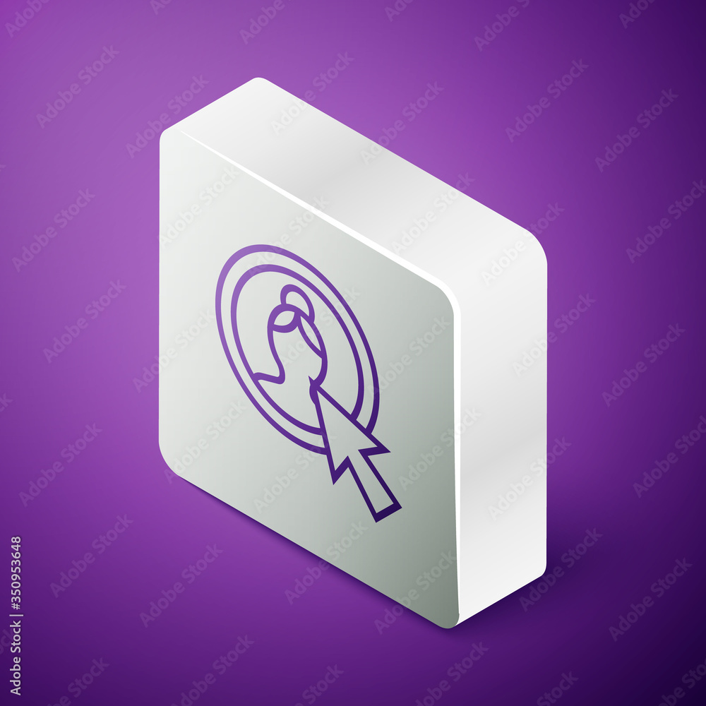 Isometric line Create account screen icon isolated on purple background. Silver square button