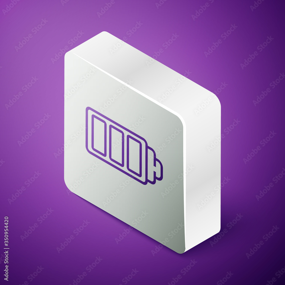 Isometric line Battery charge level indicator icon isolated on purple background. Silver square butt