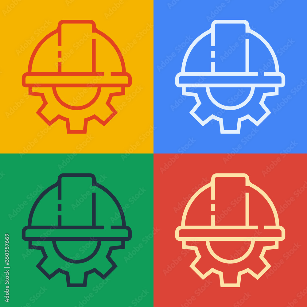 Pop art line Worker safety helmet and gear icon isolated on color background