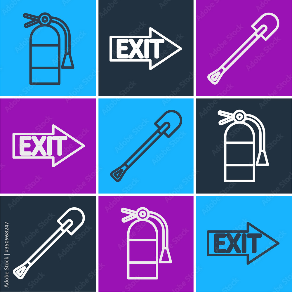 Set line Fire extinguisher, Fire shovel and Fire exit icon