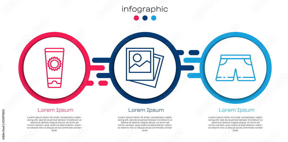 筒管、照片和泳裤中的定型防晒霜。商业信息图模板