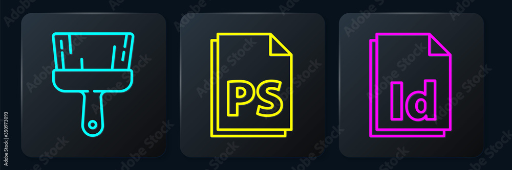 Set line Paint brush, ID File document and PS File document. Black square button. Vector