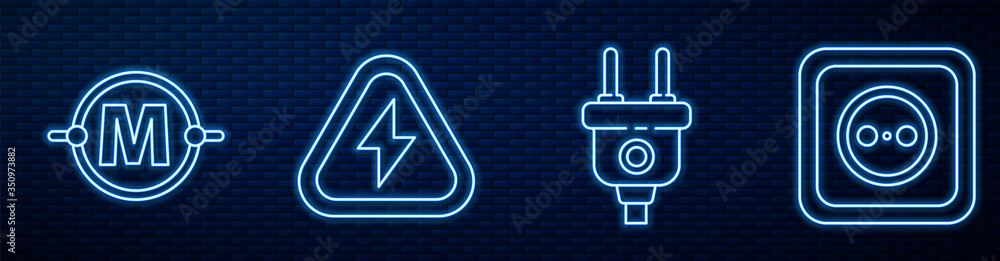 Set line Electric plug, Electric circuit scheme, High voltage and Electrical outlet. Glowing neon ic