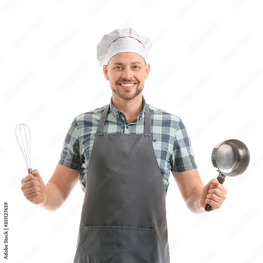 Portrait of male chef on white background