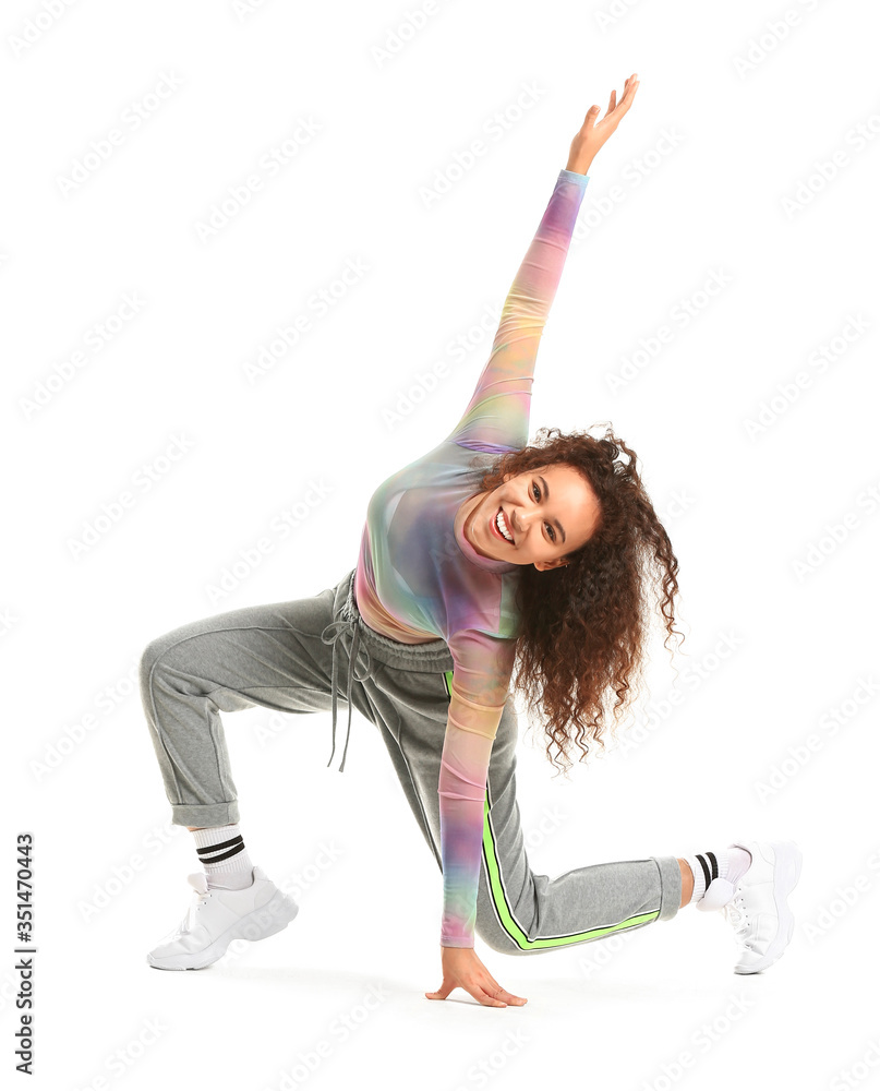 African-American hip-hop dancer on white background