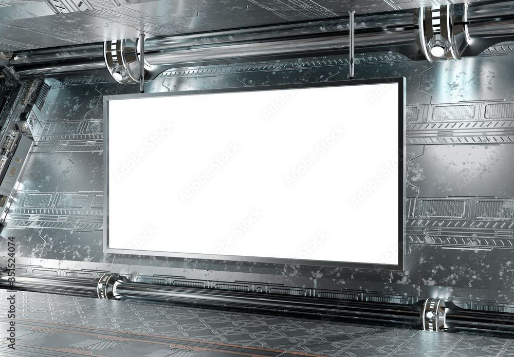 Panoramic horizontal billboard in futuristic underground Mockup. Hoarding in spaceship interior with