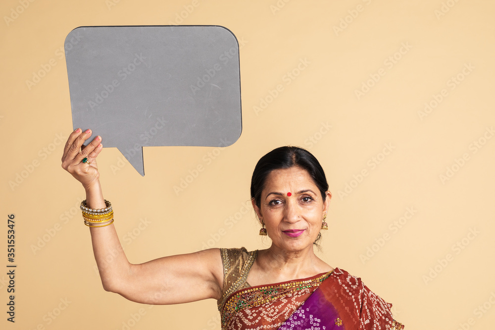 Indian woman holding a speech bubble mockup