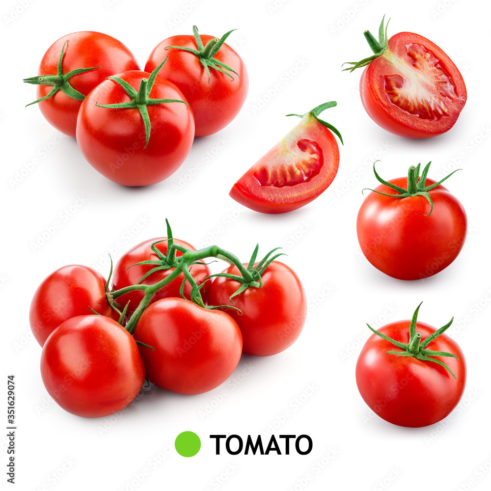 Tomatoes on white background. Tomato isolated. Tomatoes set. Whole, cut, sliced tomatoes. Tomato on 