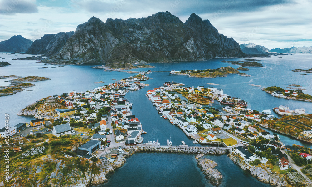 Aerial view of Henningsvaer village in Norway Lofoten islands famous travel destinations drone view 