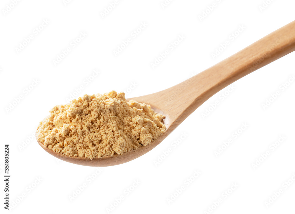 Japanese soybean flour in a spoon on a white background