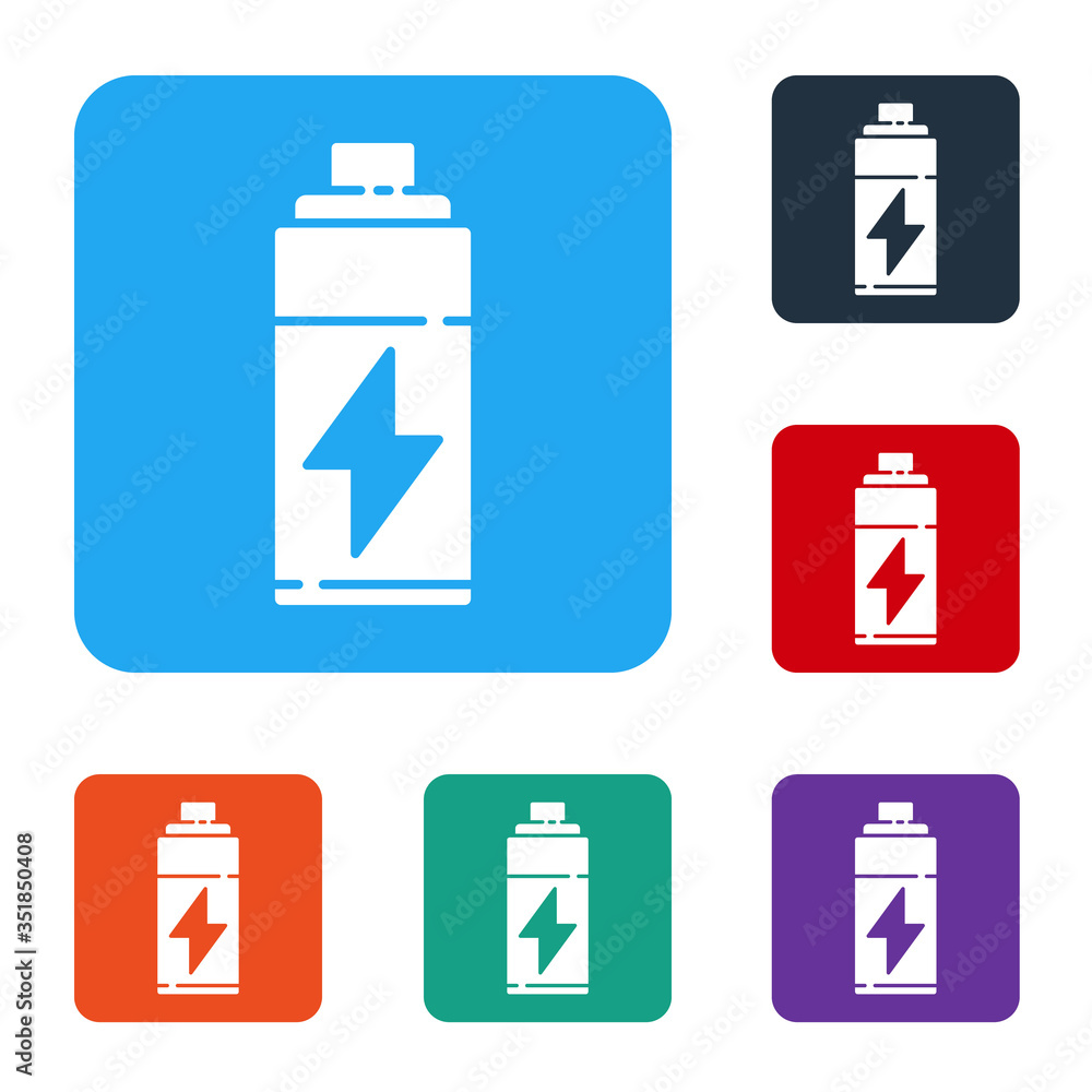 White Battery icon isolated on white background. Lightning bolt symbol. Set icons in color square bu