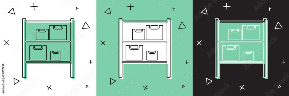 将仓库图标隔离在白色和绿色黑色背景上。矢量插图